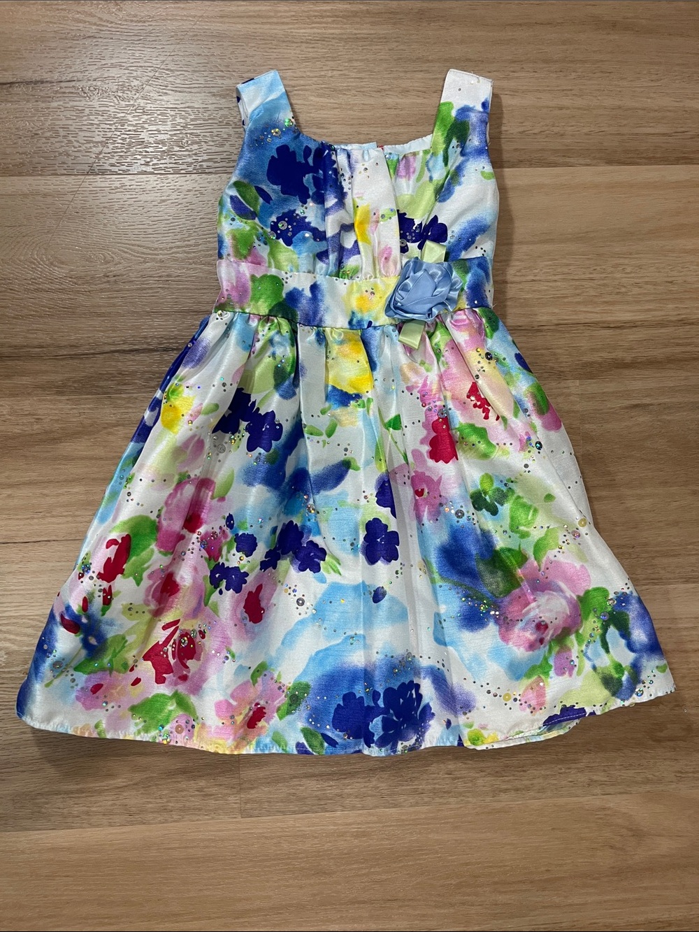 Youngland Girls' White Silver Sparkly Floral Watercolor Dress with Rosette, 4T